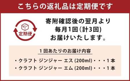 【3ヵ月定期便】 Craft GingerS&amp;M 200ml 無添加 国産 生姜 ジンジャーシロップ 2本セット 合計1.2L ／ シロップ しょうが ジンジャー 高知県 香美市