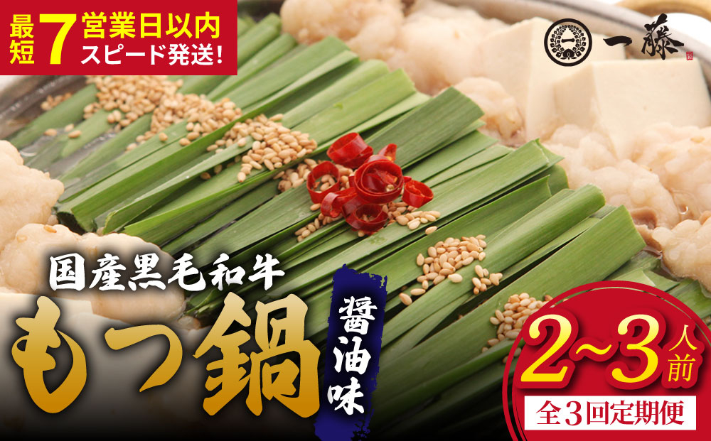 【定期便3回】国産黒毛和牛のもつ鍋醤油味 2～3人前『もつ鍋一藤』【SC007】