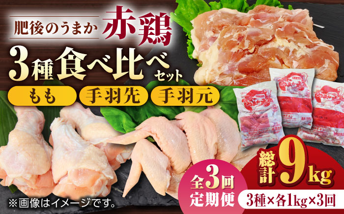 
【3回定期便】肥後のうまか 赤鶏 3種食べ比べセット（もも 手羽先 手羽元）各1kg【山内飼料 株式会社 熊本営業所】 特産品 九州産 鶏肉 [ZAB018]
