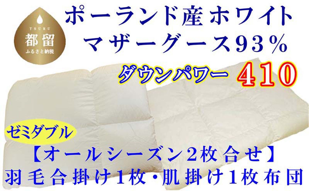
                  【合掛け布団・肌布団】ポーランド産マザーグース93％ 羽毛合掛け・肌布団2枚組（セミダブル：170cm×210cm）（ダウンパワー410） CK409
                