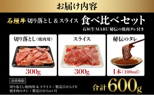 【2026年2月以降順次発送】希少な特選石垣牛をご家庭で！！切り落とし焼き肉用とスライスの食べ比べ 合計600g &石垣牛 MARU秘伝の焼肉タレ100ml×1本 | 沖縄 石垣 特選 牛 切り落とし