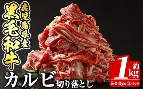 a328 鹿児島産黒毛和牛 カルビ切り落とし肉1kg(500g×2パック)(計1kg・500g×2P)【財宝】