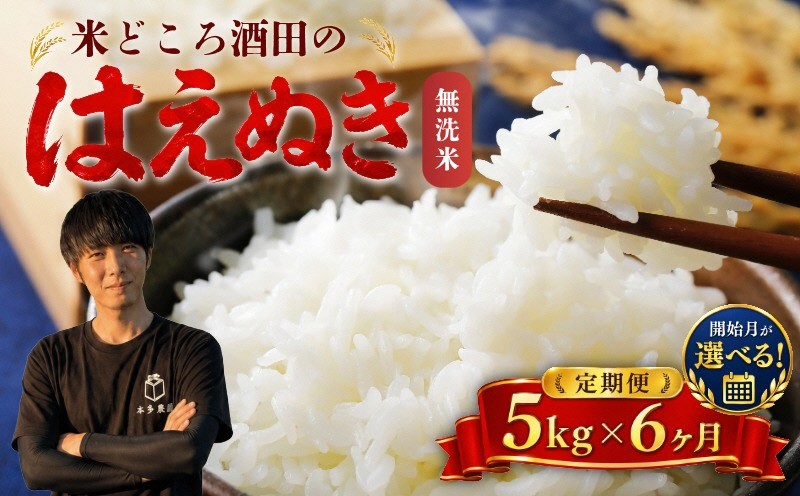 
                  ≪6ヶ月定期便≫ はえぬき 5kg×6ヶ月連続 計30kg 無洗米 令和8年産米 新米予約 山形県酒田産 毎月下旬にお届け 東北 山形県 酒田市 庄内地方 庄内平野 米 お米 白米 ブランド米 ご飯 ごはん 農家直送 産地直送 本多農園　SG0120
                