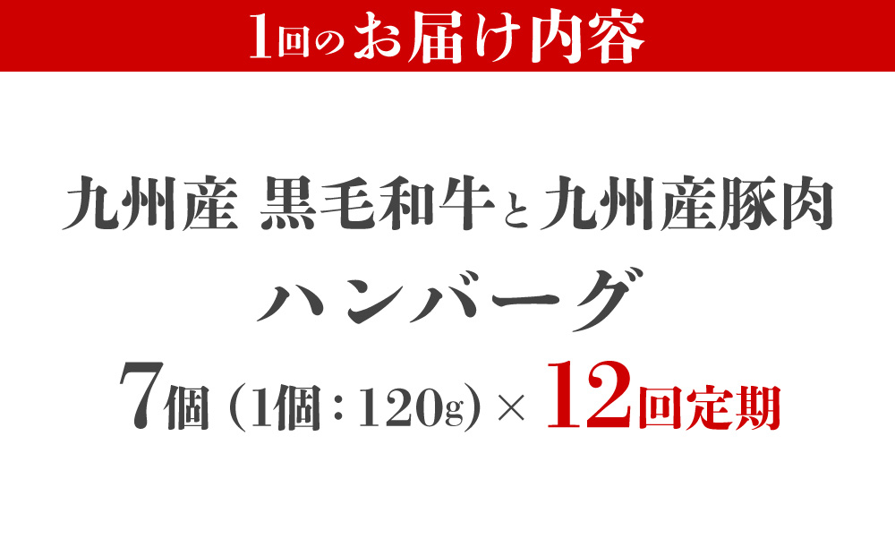 ＜定期便・全12回＞九州産黒毛和牛と九州産豚肉 ハンバーグ 7個セット | 国産牛 国産豚 肉汁 ジューシー 九州産 個包装 小分け 無添加 冷凍 惣菜 おかず 夕食 時短 簡単調理 送料無料 福岡県 那珂川市
