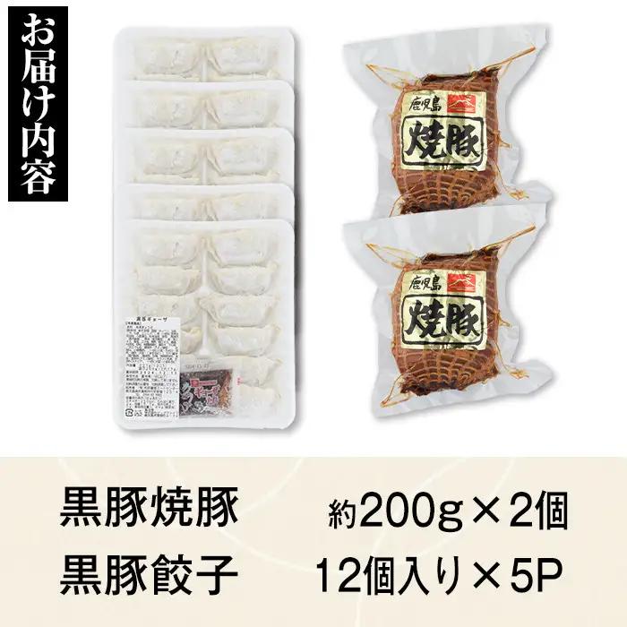 黒豚焼豚(2個)＆黒豚餃子(12個×5P)セット！ 鹿児島 国産 九州産 黒豚 豚肉 お肉 餃子 ギョーザ ぎょうざ 角煮 焼豚 叉焼 チャーシュー おかず 惣菜【和田養豚】A02048