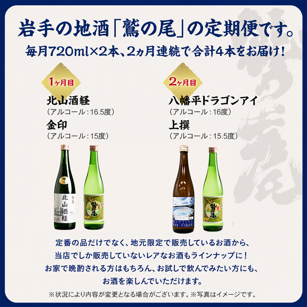 鷲の尾 2ヶ月定期便 ／ 720ml×毎月2本【地酒4種飲み比べ】 ／ 日本酒 地酒 おさけ お酒 さけ 酒 わしのお わしの尾 【澤口酒店】