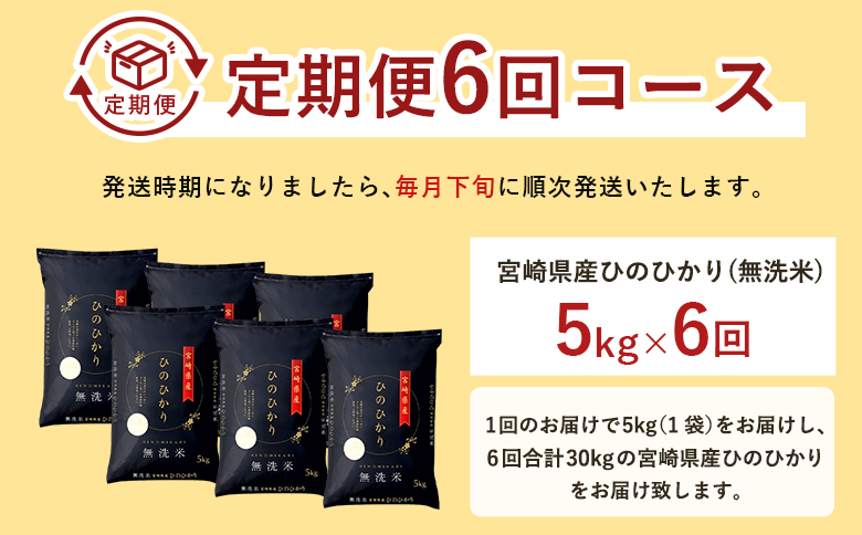 【6か月定期便】無洗米 ＜チャック付＞ 新米 国産 令和8年産 ひのひかり ヒノヒカリ 5kg×6回 宮崎県産 お米 白米 おすすめ 簡単 ご飯 弁当 精米 おにぎり