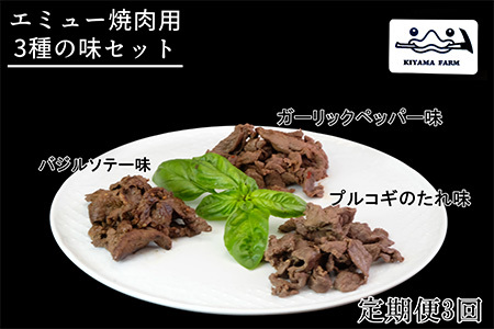 【3か月定期便】エミュー焼肉用3種の味セット【エミュー 基山産 高タンパク 高鉄分 低カロリー ヘルシー ジビエ 貴重肉 鉄分補給】C9-F006301