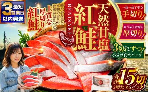 【2026年10月発送】 特選 甘塩天然紅鮭 3切真空×5パック 甘塩仕立て 厚切り 切り身 切身 鮭 サケ さけ しゃけ 紅鮭 甘塩 天然 魚 魚介 海産物 冷凍 パック おかず 北海道 釧路市