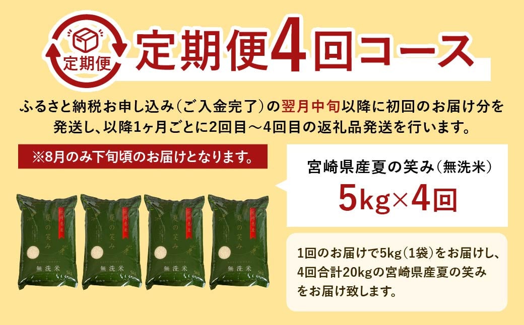 ＜【4ヶ月定期便】令和6年産 宮崎県産 夏の笑み（無洗米）5kg＞お申込みの翌月中旬以降に第1回目発送（8月は下旬頃） 米 夏の笑み 無洗米 精米 希少 品種 白米 お米 ご飯 宮崎県産