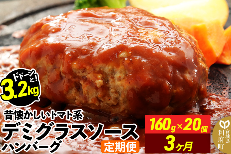 《定期便3ヶ月》ドドンと3.2kg！昔懐かしいデミグラスソースハンバーグ (160g×20個)×3回 肉 洋食 簡単 大容量 湯煎 湯せん 個包装 [大容量 肉 おかず 惣菜 個包装 簡単 湯せん レンチン 洋食 湯煎 個別包装 小分 お弁当 便利 レンジ お試し]