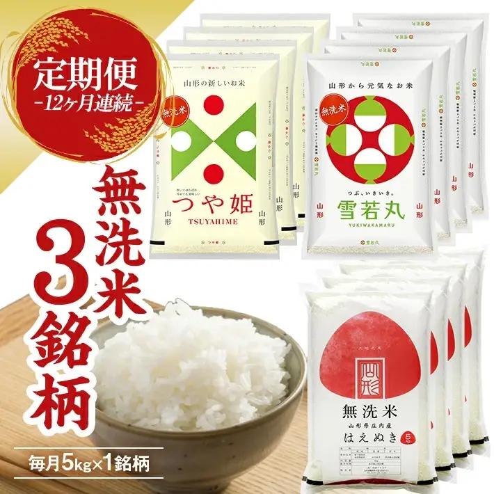 （12月～11月）≪新米予約≫ ≪12ヶ月定期便≫ 無洗米 3銘柄定期便 5kg×12ヶ月連続 計60kg つや姫 雪若丸 はえぬき 山形県産 毎月下旬にお届け 東北 山形県 遊佐町 庄内地方 精米 白米 連続定期便 小分け [1531T12]