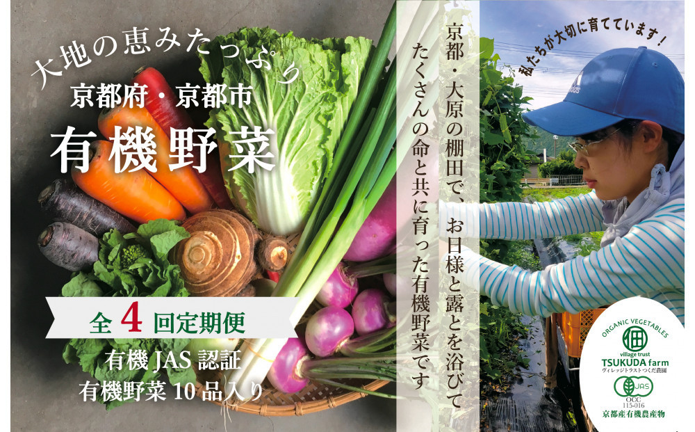 
            ◆全4回定期便◆【つくだ農園】《有機JAS認証 有機野菜10品入り》京都の棚田大原で心を込めて大切に露地栽培された大地の恵みたっぷりの有機野菜!［ 京都 有機野菜 定期便 セット 人気 おすすめ 有機栽培 おまかせ 詰め合わせ 産地直送 新鮮 ミシュラン お取り寄せ 通販 送料無料 ふるさと納税 ］
          