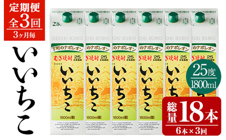 ＜定期便・全3回(3ヵ月毎)＞いいちこ 25度 パック(総量32.4L・計10.8L×3回)酒 お酒 むぎ焼酎 1800ml 麦焼酎 いいちこ 常温 三和酒類 紙パック【204300300】【山添産業