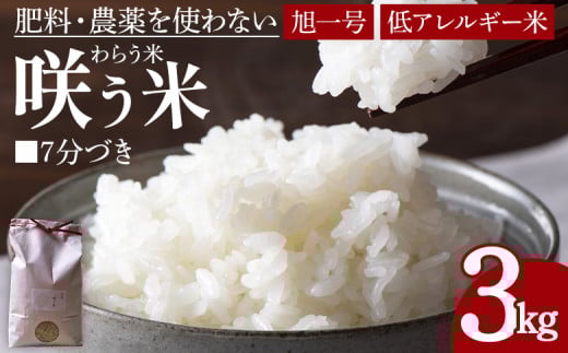 ＜「咲う米」（わらう米・自家採取旭一号）7分づき 3kg＞【 米 コメ お米 精米 自然栽培 低糖質米 ふっくら 朝ごはん 昼食 おにぎり ご飯 飯 2024年 ランチ 主食 】 翌月末迄に順次出荷