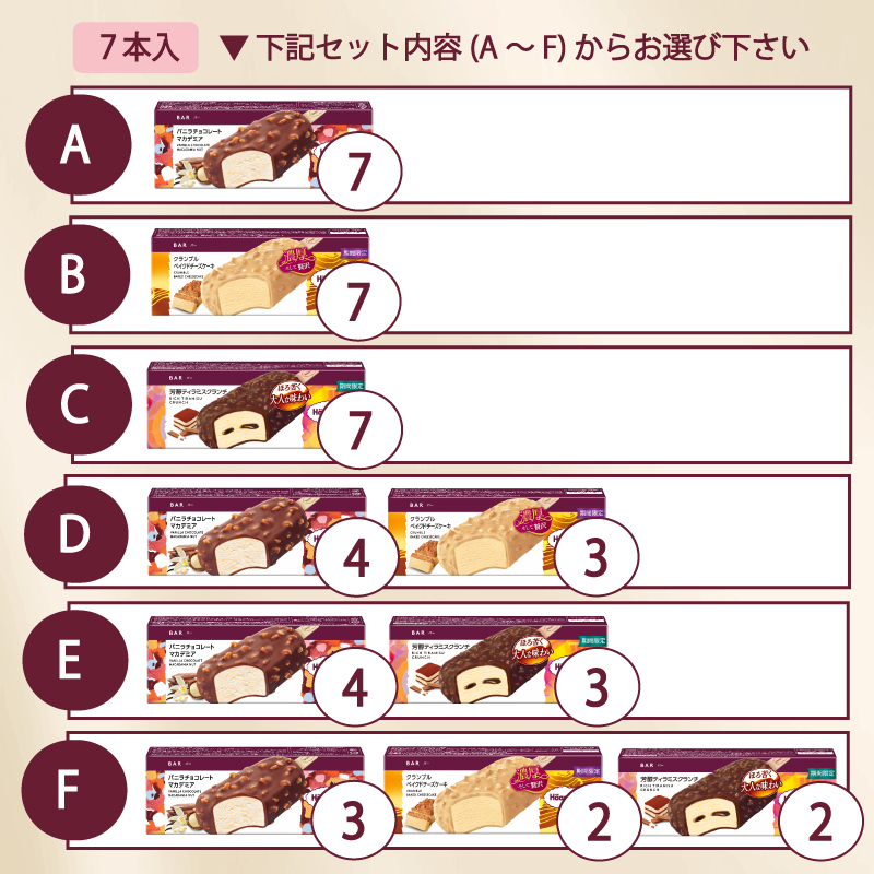 【セット内容が選べる】 定番 ＆ 期間限定フレーバー ハーゲンダッツ バー セット 7本入 Fセット〈バニラチョコレートマカデミア(3本)、クランブルベイクドチーズケーキ(2本)、芳醇ティラミスクラン