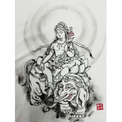 手描きTシャツ 仏画 普賢菩薩 白 (半袖 XLサイズ)【1615111】