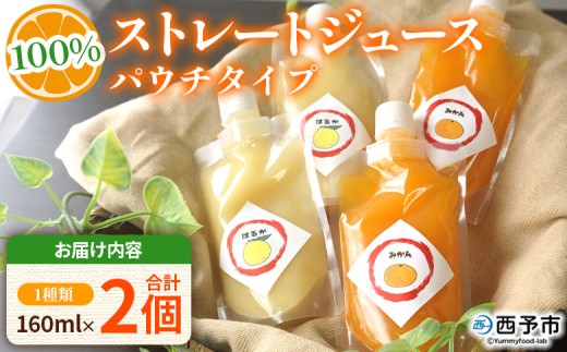 ＜100％ストレートジュース パウチタイプ 160ml×2個（1種類×2）＞『1か月以内に順次発送予定』果物 くだもの フルーツ 柑橘類 みかん 蜜柑 ミカン みかんジュース 飲料 渡江から一歩を踏み出す会 愛媛県 西予市【常温】
