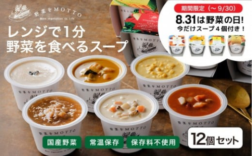 ★期間限定★ レンジで1分 野菜をMOTTO スープ 12個+4個 セット 期間限定 プレゼント レトルト インスタント 国産 ダイエット ベジMOTTOスープ  具だくさん 時短 手軽◆