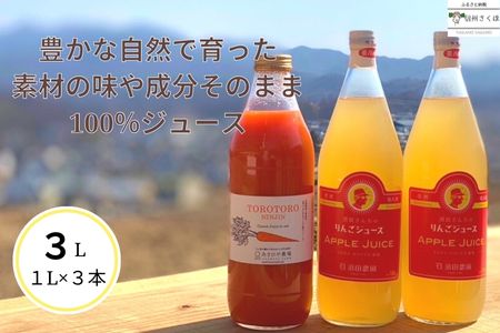 信州産　果汁100％りんごジュース　２本　＆「食べる」まるごと人参ジュースセット　１本　計３本［SU-104］