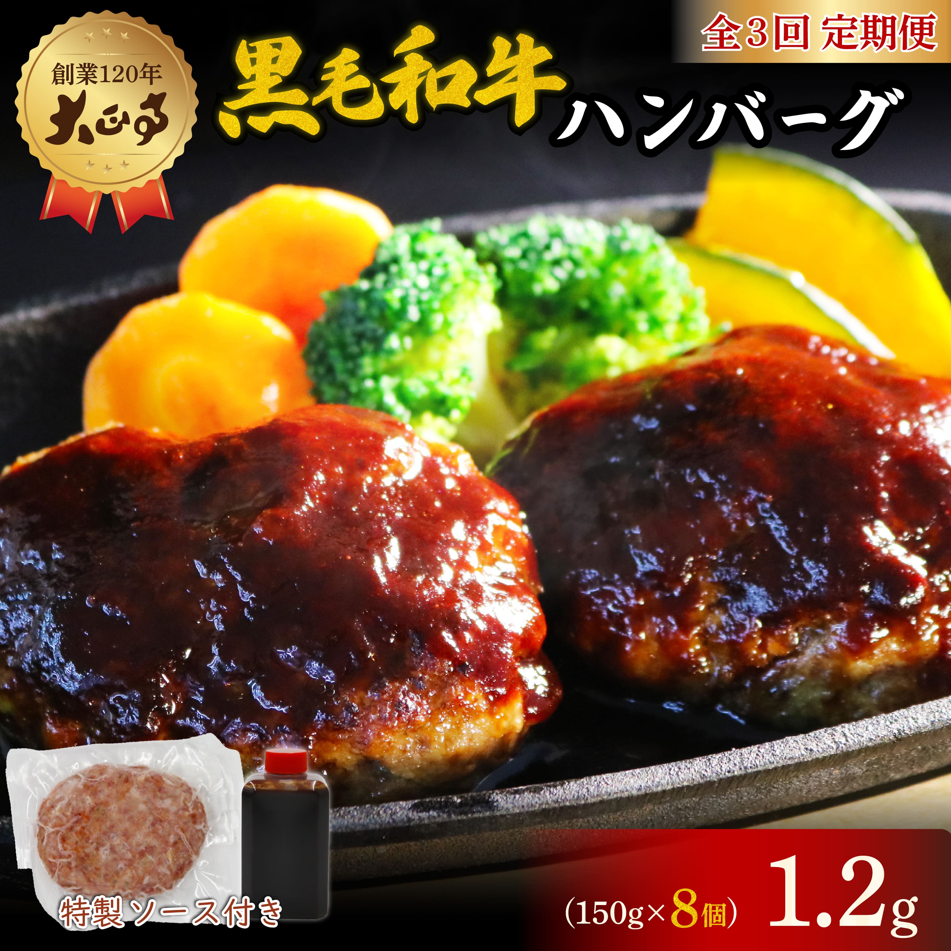 【ふるさと納税】 全3回定期便 ハンバーグ 国産和牛 1.2kg 150g × 8個入り 創業120年 自家製 デミグラスソース 家庭用 レシピ付き 小分け 冷凍 デミグラスハンバーグ おすすめ 肉 グルメ ごちそう 贈り物 ギフト プレゼント お取り寄せ 誕生日 藤枝市 静岡県