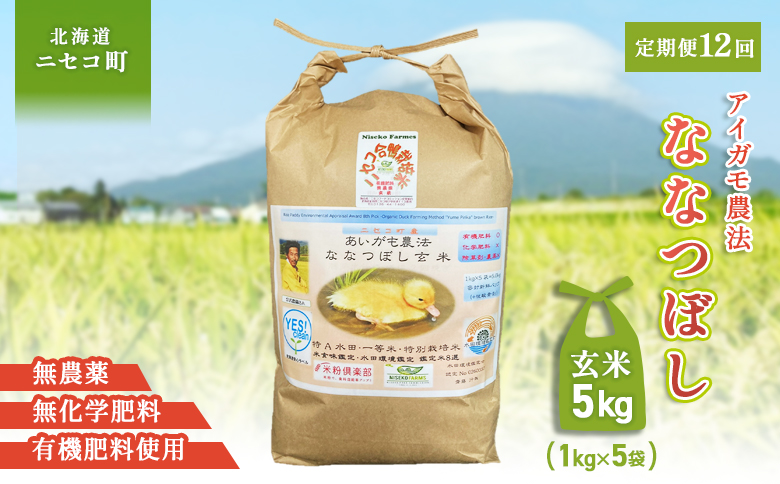 《数量限定受付！令和7年産米》【12回定期便】合鴨農法ななつぼし 【玄米】【有機肥料/無農薬・無化学肥料･備蓄用】 令和7年度米 5kg(1kg×5袋)　水田環境鑑定・米食味鑑定士鑑定米【Yesclean農法認定品】【31145】