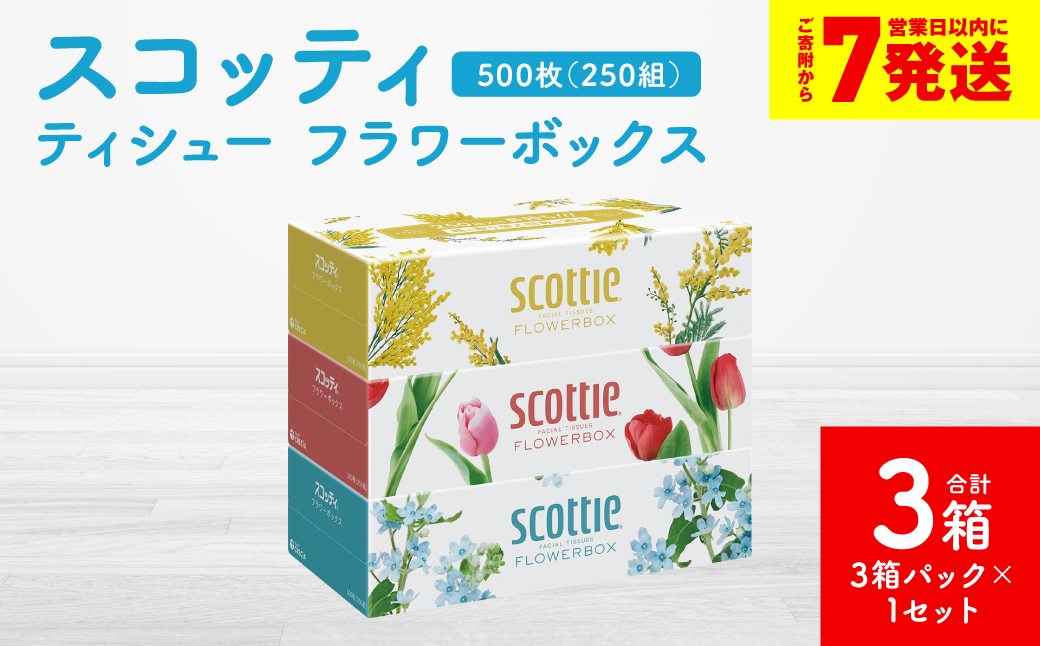 【スコッティ】ティシュー フラワーボックス 250組 3箱パック×1セット 合計3箱 ティッシュ 日用品 生活必需品