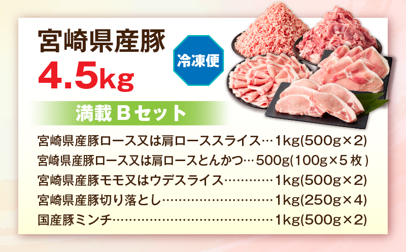 宮崎県産豚4.5kg 満載Bセット 豚 豚肉 豚肩ロース 豚ロース モモ ウデ スライス 切り落とし ミンチ しゃぶしゃぶ とんかつ ぶた肉 炒め物 冷凍 豚汁_M241-021-03