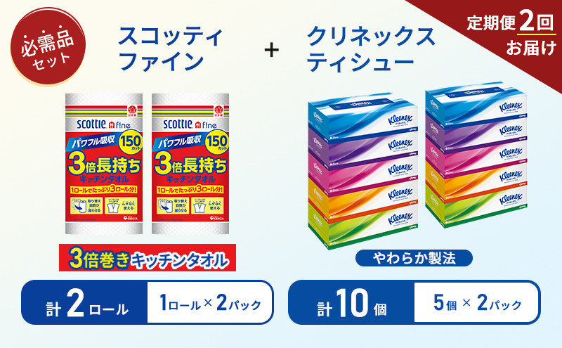 【 6ヶ月ごと計 2回お届け 】ティッシュ クリネックス 5箱入 × 2パック キッチンペーパー 2パック入 キッチンタオル スコッティ ファイン 1 ロール 3倍 150カット