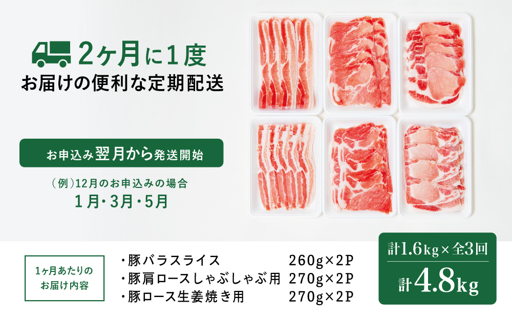 【定期便：2ヶ月に1度】鹿児島産 豚肉3種類セット 1.6kg×3回（合計4.8kg） 国産 鹿児島県産 豚肉 お取り寄せ かごしま グルメ 鍋 送料無料 鹿児島県 南さつま市 株式会社コワダヤ