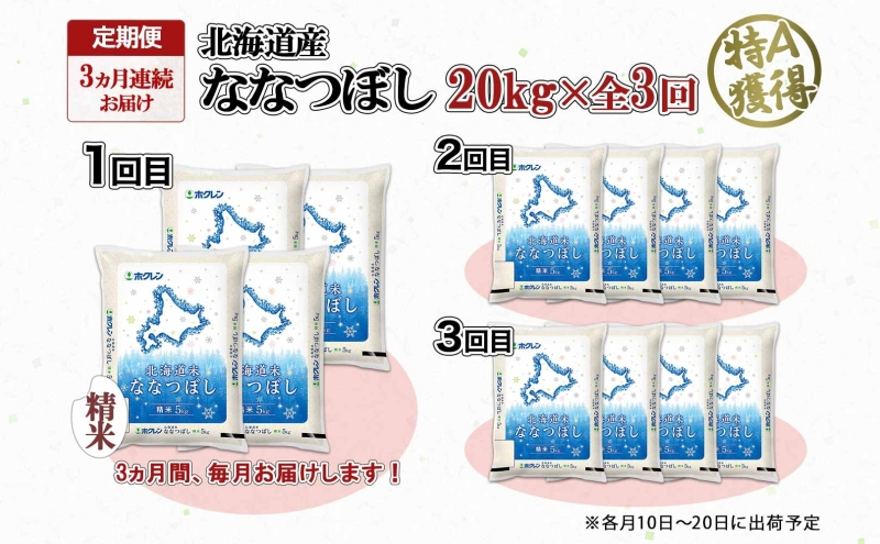 定期便 3ヵ月連続3回 北海道産 ななつぼし 精米 20kg 米 特A 白米 お取り寄せ ごはん 道産米 ブランド米 20キロ おまとめ買い お米 ふっくら ようてい農業協同組合 ホクレン 送料無料 