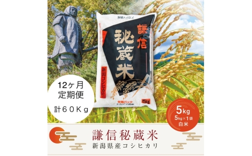 令和7年産 新潟県産 コシヒカリ 定期便（5kg×12回分） 謙信秘蔵米 真空 窒素挿入 冬眠パック 精白米 お米 上越市 上越産 上越米 上杉謙信