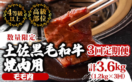 【定期便3回】土佐黒毛和牛モモ肉焼肉用 計3.6kg（1.2kg×3ヶ月連続お届け)  焼肉焼肉焼肉焼肉焼肉焼肉