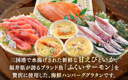 三国港の海鮮ハンバーググラタン（甘えび・いか・ふくいサーモン）3個セット【グラタン ハンバーグ 海鮮 魚介類 エビ 海老 サーモン ふくいサーモン いか 烏賊 惣菜 おかず セット 詰合せ 冷凍】 [