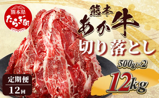 【定期便12回】熊本あか牛 切り落とし 1kg (500g×2)×12回  【 合計 12Kg 】 国産 牛肉 冷凍 熊本 熊本県産 あか牛 赤牛 切り落とし 041-0164