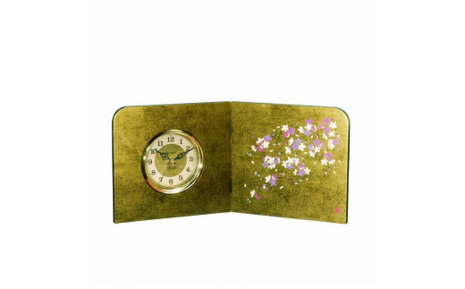 
木製 蒔絵屏風時計 金箔貼 しだれ桜
