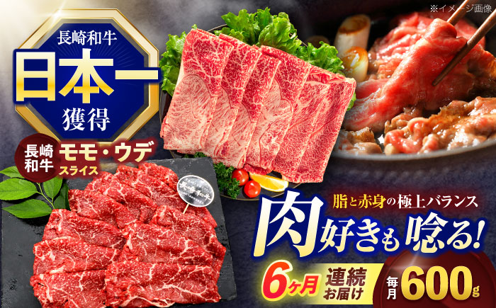 【6回定期便】長崎和牛 すき焼き・しゃぶしゃぶ用 赤身スライス600g (モモ・ウデ 各300g)【株式会社 黒牛】 [OCE094]