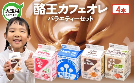 酪王バラエティセット 200ml×4本 ｜ 福島県 大玉村 生乳 牛乳 こども キッズ ミルク カフェオレ カフェ コーヒー いちごオレ 飲みきり ご当地 福島県 大玉村 | pl-va-200ml-4s