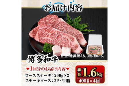 【ksg1358】＜定期便・全4回(連続)＞博多和牛A5～A4 ロースステーキ ソース付(総量1.6kg) 牛肉 黒毛和牛 国産 霜降り 化粧箱 贈答 ギフト プレゼント ＜離島配送不可＞【マル五】
