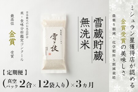 【令和7年産】 定期便 （真空パック 2合 ×12袋）×3ヶ月 雪蔵貯蔵 無洗米 金賞受賞 魚沼産コシヒカリ 雪と技 農薬5割減・化学肥料5割減栽培 |津南町 魚沼