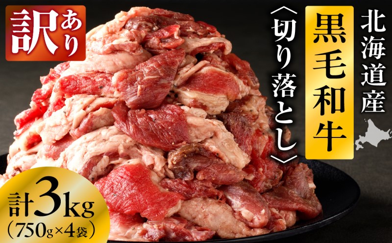 長谷川精肉店 訳あり 北海道産 黒毛和牛 牛すじ 切り落とし 750g×4袋 計3kg 和牛 北海道 滝川市 【配達不可：離島】