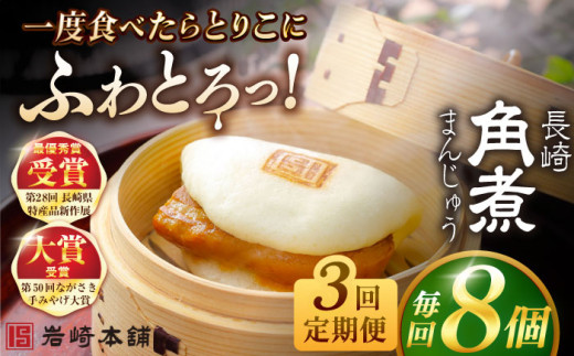 【全3回定期便】長崎角煮まんじゅう8個入 （袋） 豚肉 東坡肉 レンジ ふわふわ ほかほか 五島市/岩崎本舗 [PFL006] 冷凍 豚 豚角煮 角煮饅頭 簡単調理 お取り寄せ