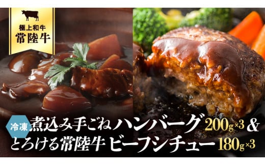 常陸牛100％　煮込み手ごねハンバーグ（200g×3パック）とろける常陸牛ビーフシチュー（180g×3パック） 八千代町産 白菜 使用 ハンバーグ ビーフシチュー 常陸牛 お肉 牛肉 和牛 セット 惣菜 レトルト グルメ お取り寄せ 冷凍 [AU012ya]