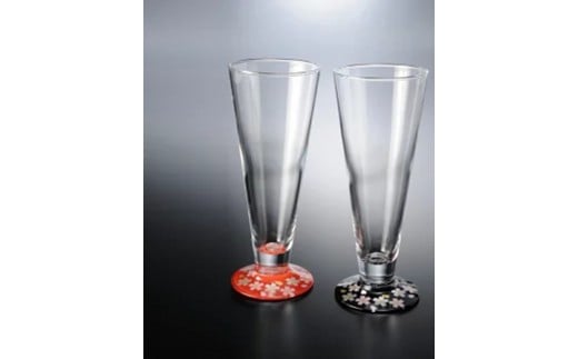 みよし漆器本舗 ビールグラス ペア 紀州塗り ぬりもん de Verre 蒔絵 桜 黒 赤 285ml