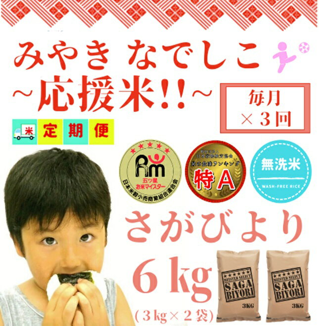 【ふるさと納税】【みやきなでしこ】応援米【3回定期便】【無洗米】さがびより6kg（3kg×2袋）（CIC88）