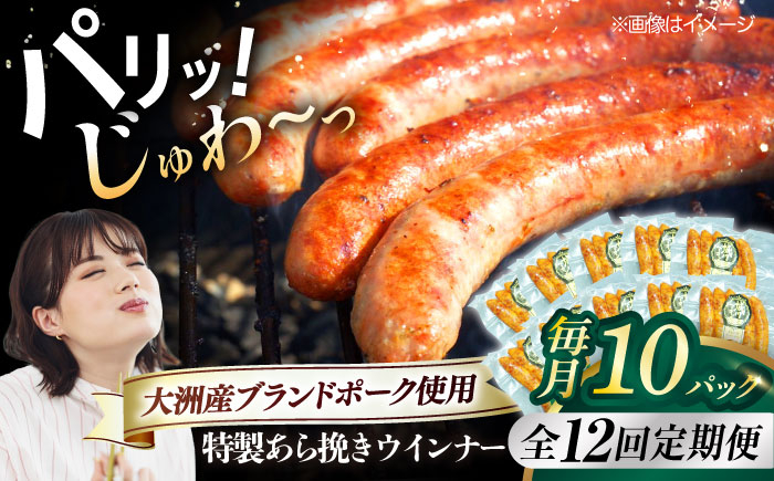 
                  ウインナー【全12回定期便】 特製ウインナー（5本入り）×10袋 合計1200g ブランドポーク『オズの箱入り娘』使用！にく 肉 お肉 豚肉 ぶたにく ベーコン ソーセージ ウィンナー 焼肉 バーベキュー おかず おつまみ おすすめ 人気 お取り寄せ 送料無料 贈答 ギフト 料理 朝食 昼食 夕食 お弁当 食卓 セット 小分け 定期便 愛媛県大洲市/株式会社オズメッセ [AGAZ081]
                