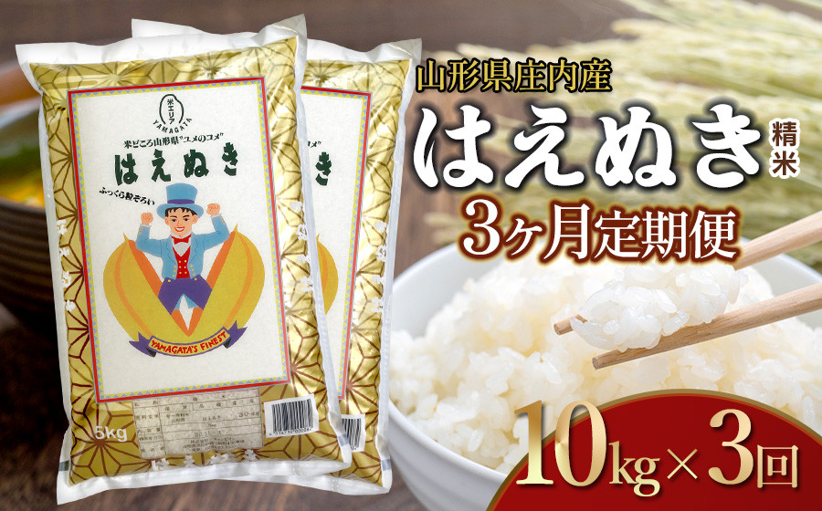 
            【令和7年産】【3ヶ月定期便】はえぬき 精米 10kg×3回 計30kg 山形県 庄内産　米食味鑑定士お薦め 
          