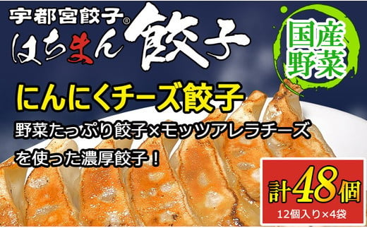 宇都宮餃子はちまん餃子 にんにくチーズ餃子 48個（12個入り×4袋/1個 22g） ｜ 宇都宮餃子 国産野菜 グルメ 宇都宮市 ぎょうざ ギョーザ 野菜 冷凍食品 冷凍餃子 焼き餃子 水餃子