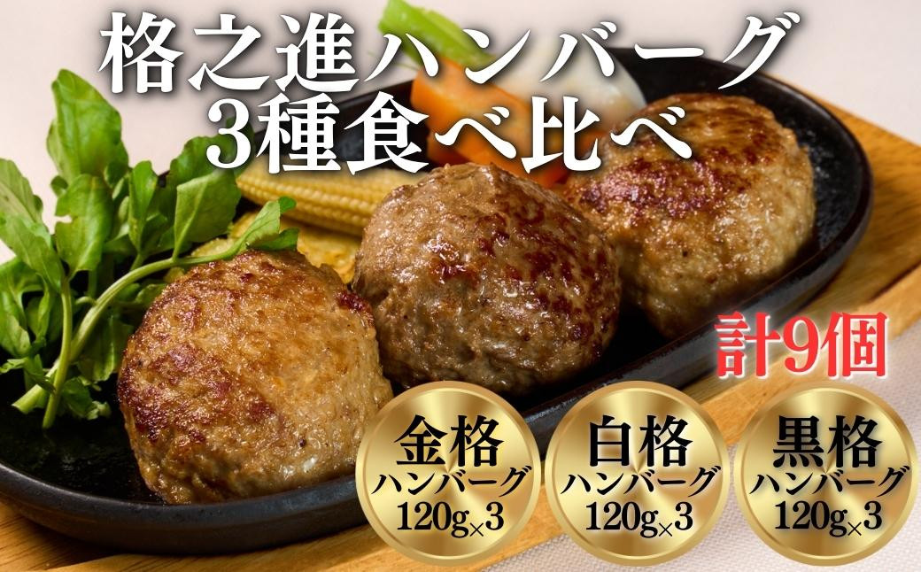 
            〈格之進〉ハンバーグ 3種 食べ比べ〈120g×各3個〉「金格・白格・黒格」個包装 お惣菜 おかず お弁当 ハンバーグ 小分け 国産牛 冷凍ハンバーグ 返礼品  無添加 黒毛和牛  高級ハンバーグ お取り寄せ ギフト 人気  岩手県 一関市
          
