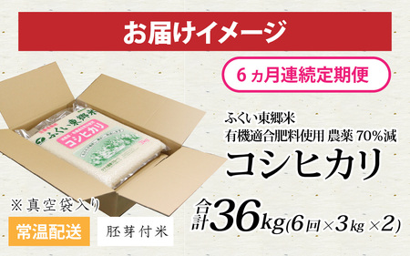 【胚芽付米】【定期便6ヶ月連続】【先行予約】令和6年産 新米 ふくい東郷米 特別栽培米 農薬70％減 コシヒカリ 6kg(3kg×2袋)×6ヶ月 合計36kg[J-020023_03]